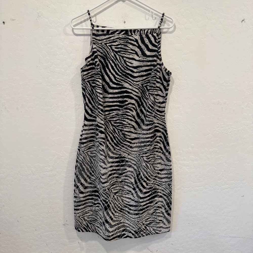 Y2K CDC Embellished Zebra Print Mini Dress Womens 10 Metallic Vintage Club Rave